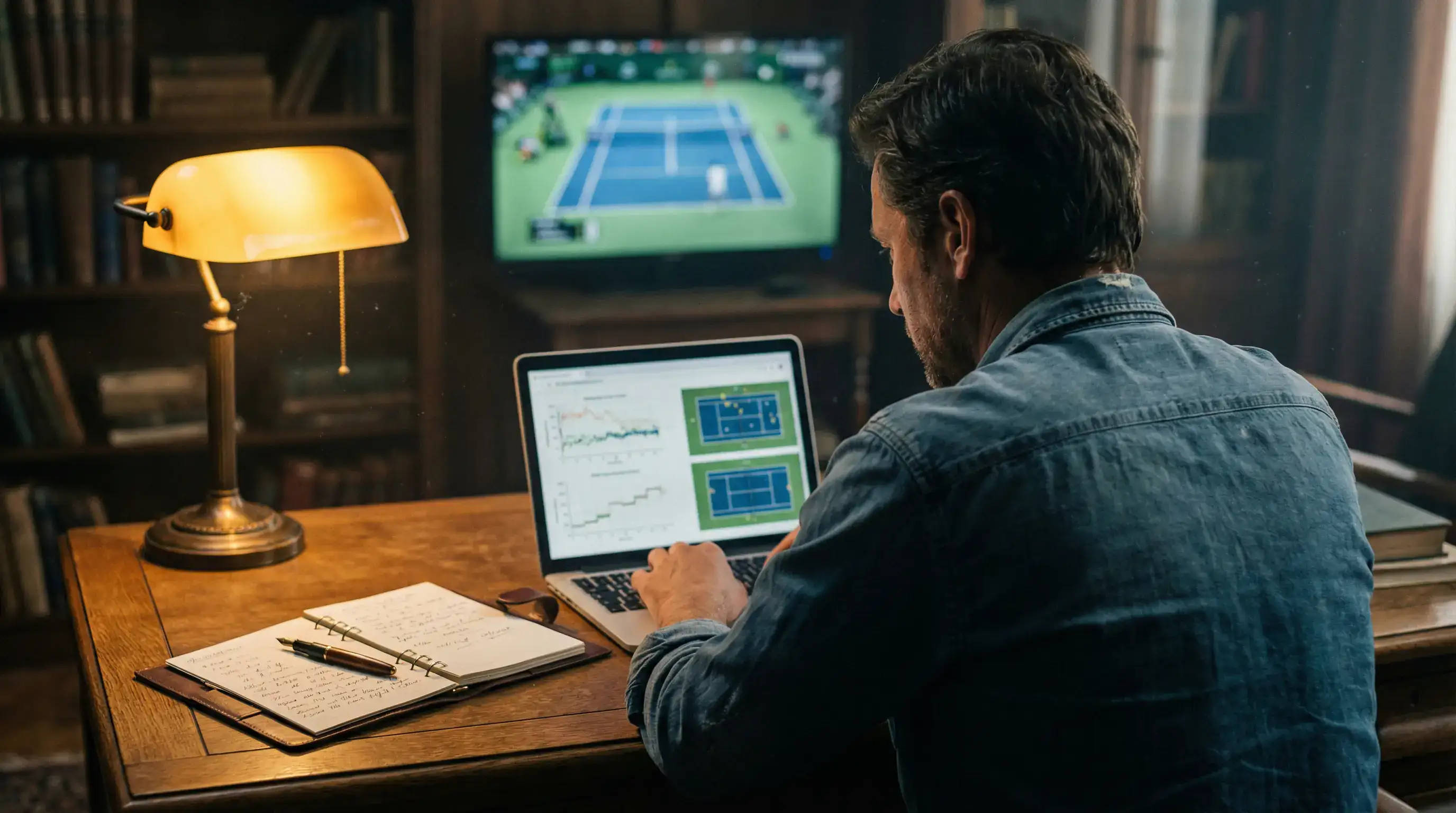Analista revisando estadísticas de un partido de tenis en pantalla antes de apostar