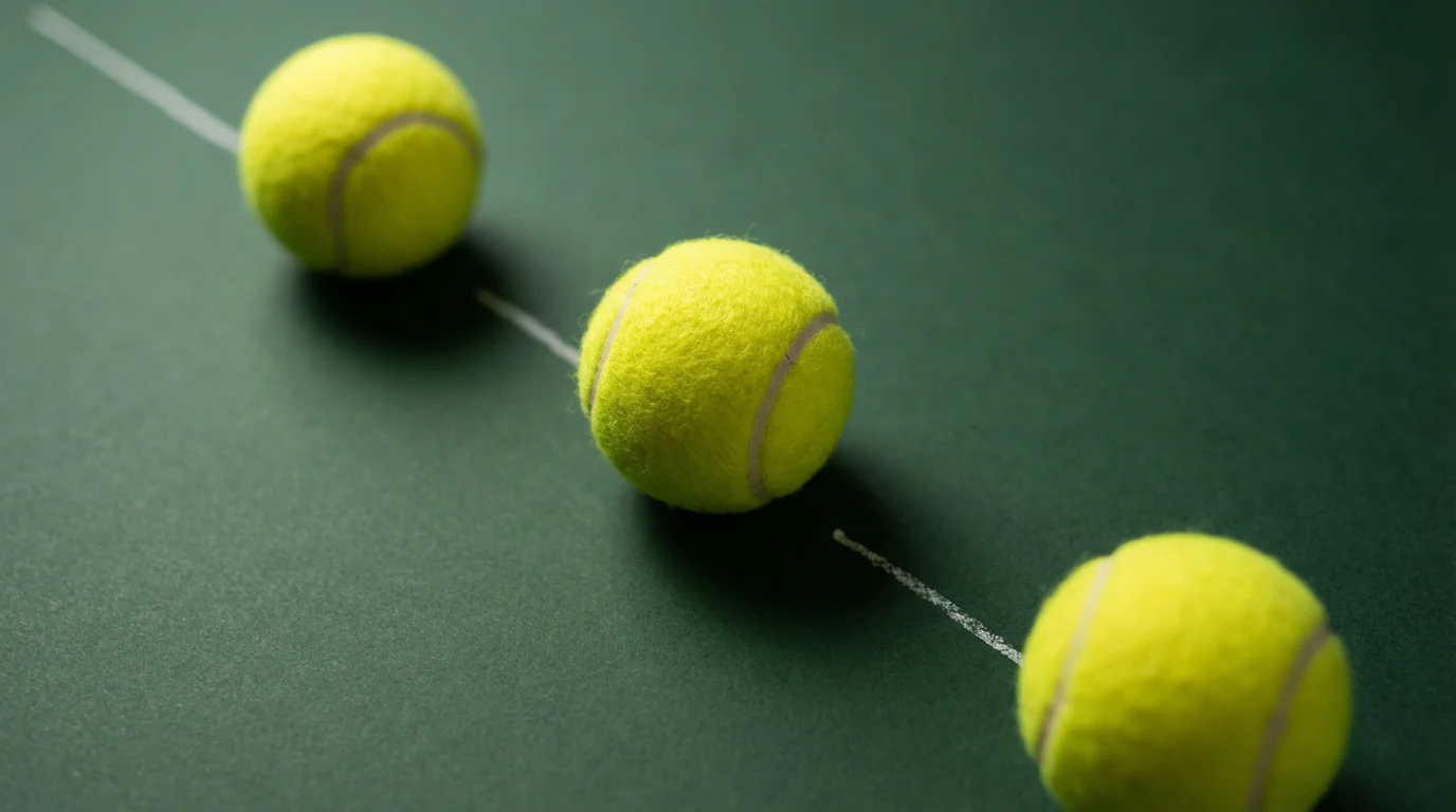 Apuestas combinadas en tenis: varias pelotas de tenis sobre una superficie con líneas de cuotas difuminadas al fondo