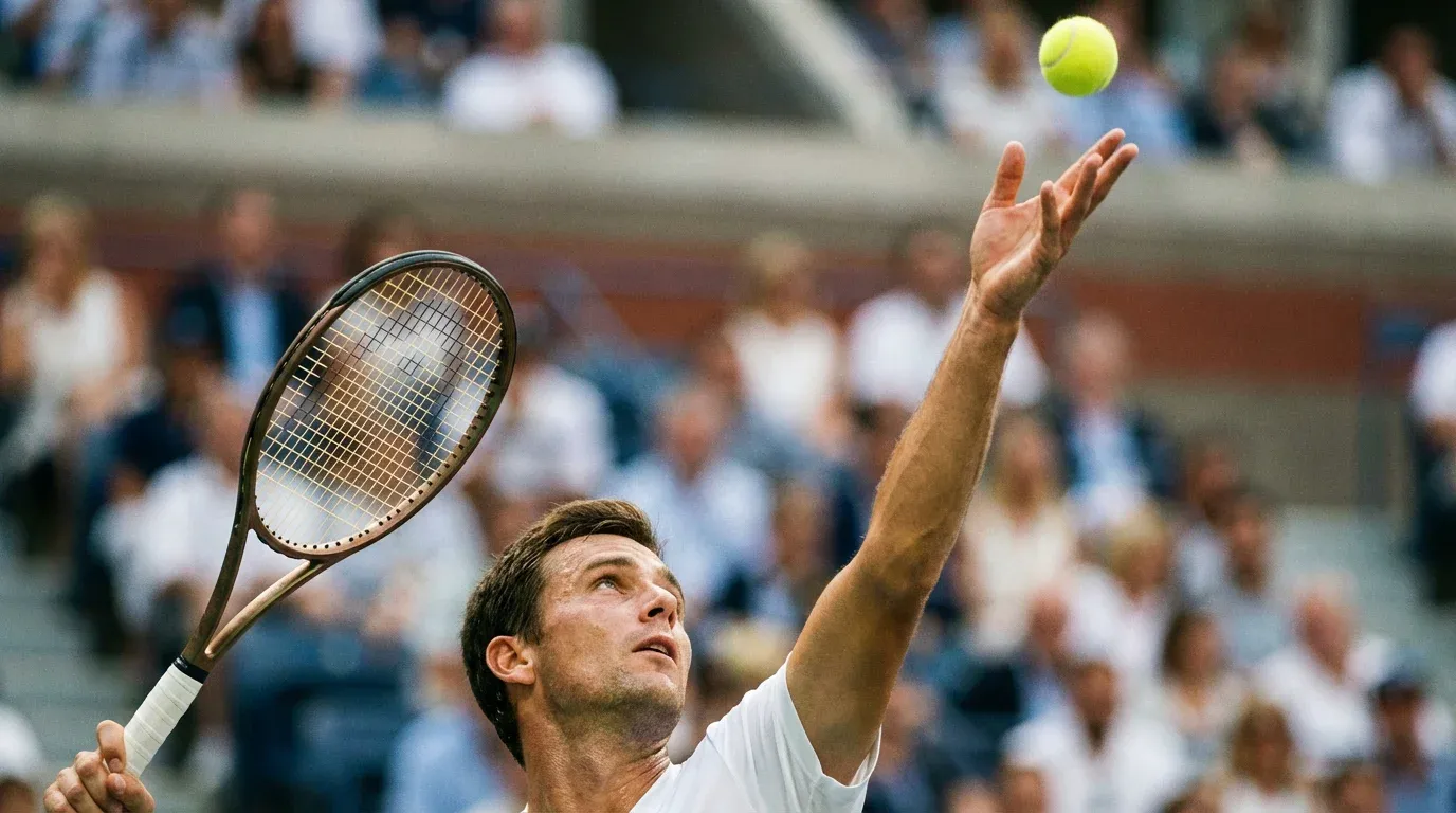 Jugador de tenis realizando un saque potente en pista dura