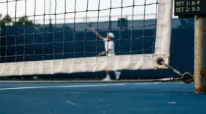 Apuestas a sets exactos en tenis: red de pista con marcador de sets al fondo