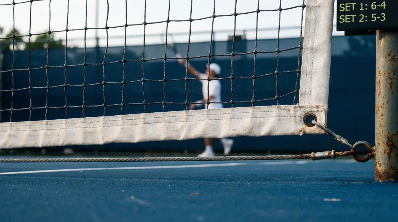 Apuestas a sets exactos en tenis: red de pista con marcador de sets al fondo