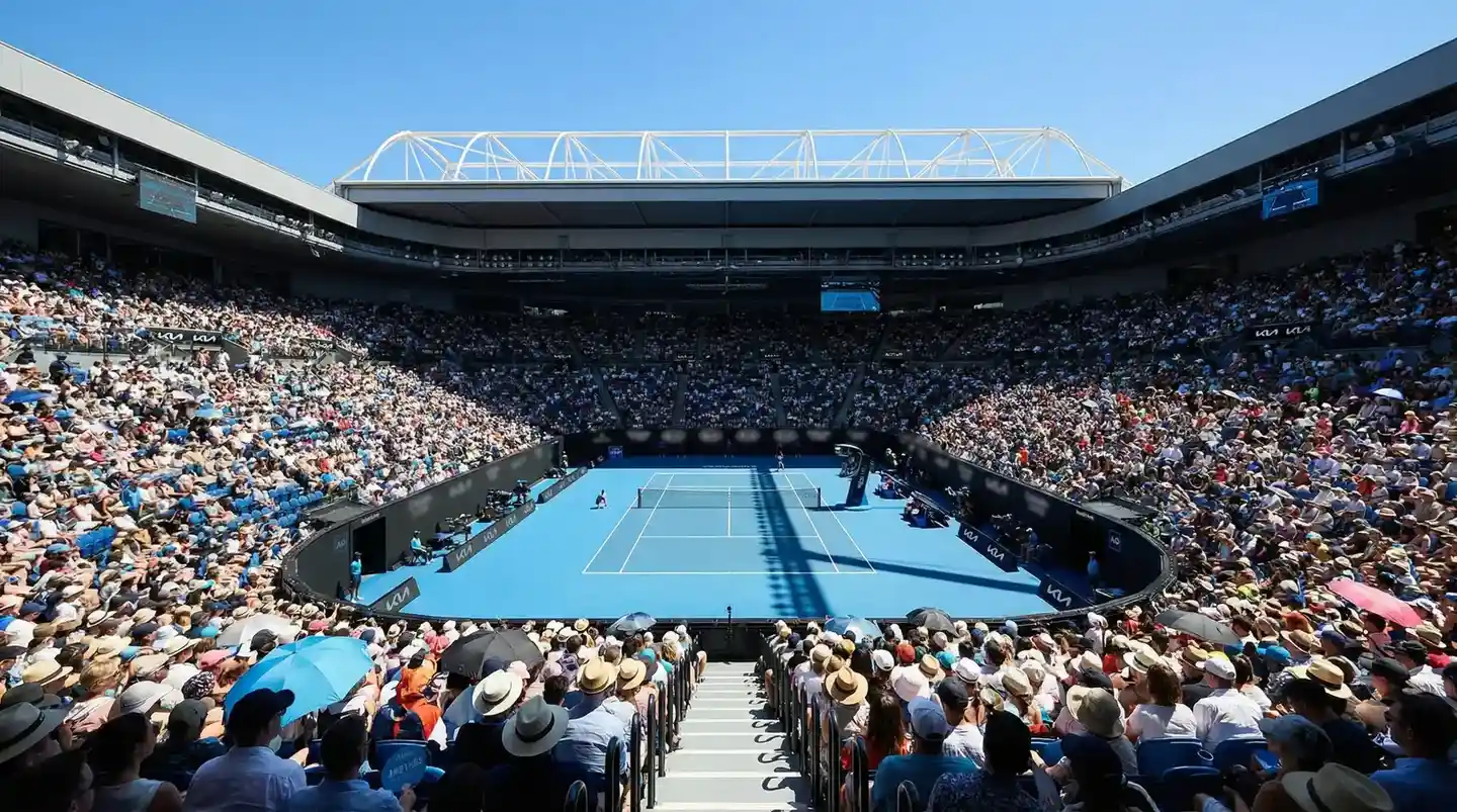 Pista central del Australian Open en Melbourne con techo abierto bajo el sol de verano