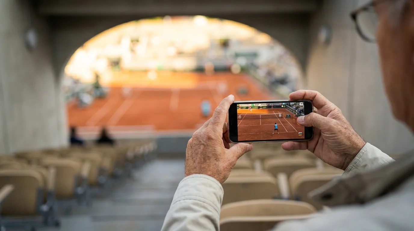 Apuestas de tenis en vivo: espectador siguiendo un partido en directo con móvil