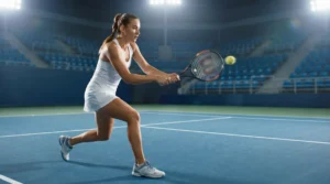 Jugadora de tenis WTA golpeando de derecha en pista dura