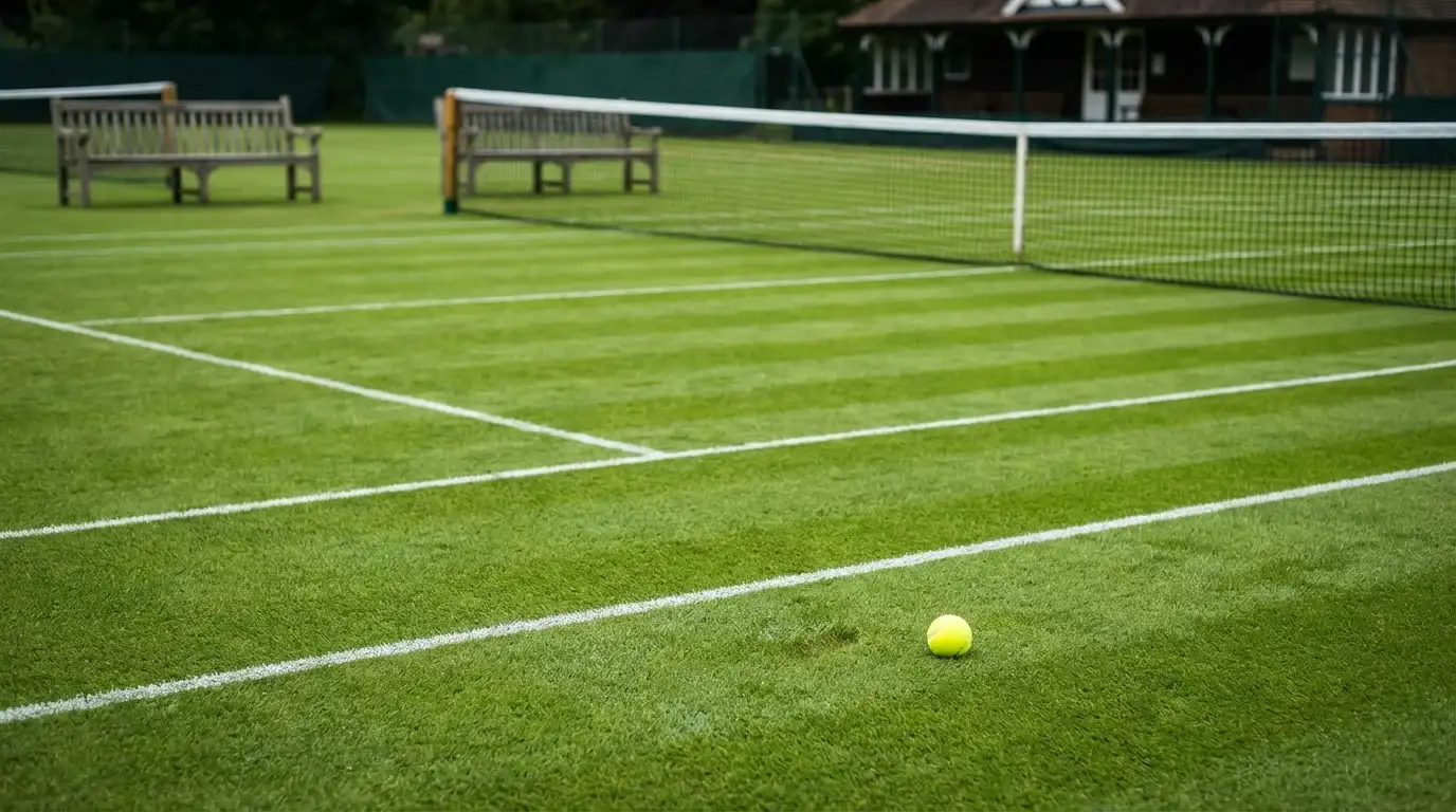 Apuestas de tenis en hierba: pista de césped con líneas blancas y red bajo luz natural