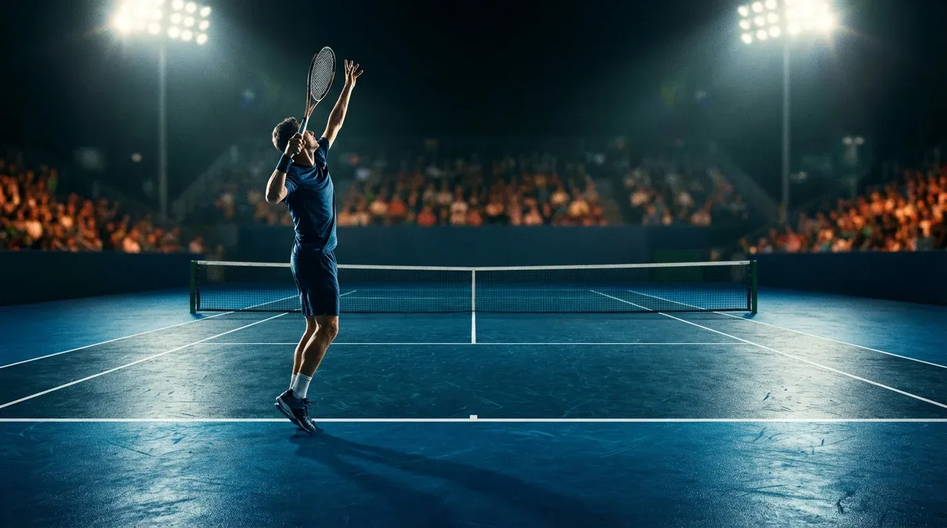 Apuestas de tenis en pista dura: cancha de cemento azul con red y líneas bajo focos