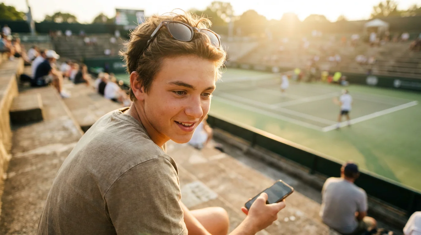 Persona joven con móvil en la mano viendo un partido de tenis en una grada
