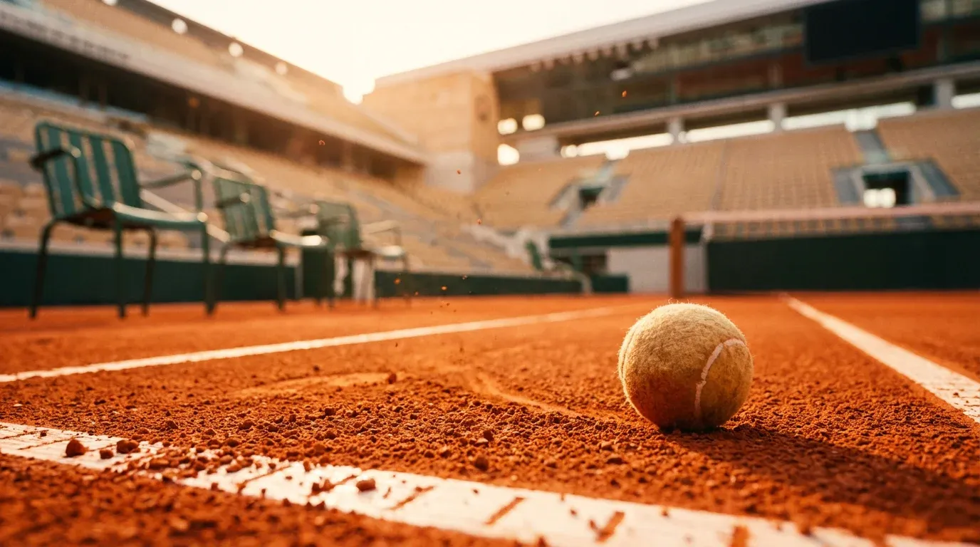 Pista de tierra batida roja de Roland Garros con líneas marcadas y polvo en suspensión
