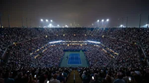 Estadio Arthur Ashe del US Open iluminado durante una sesión nocturna de tenis