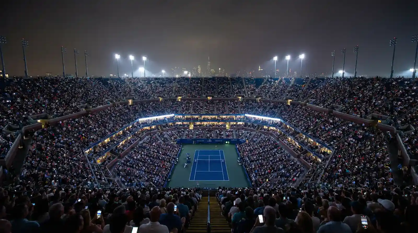 Estadio Arthur Ashe del US Open iluminado durante una sesión nocturna de tenis