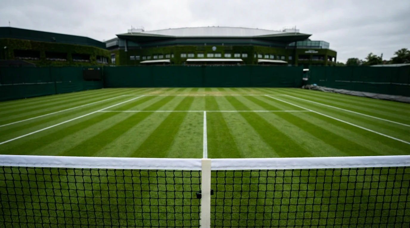 Pista de hierba natural de Wimbledon con líneas blancas y red de tenis