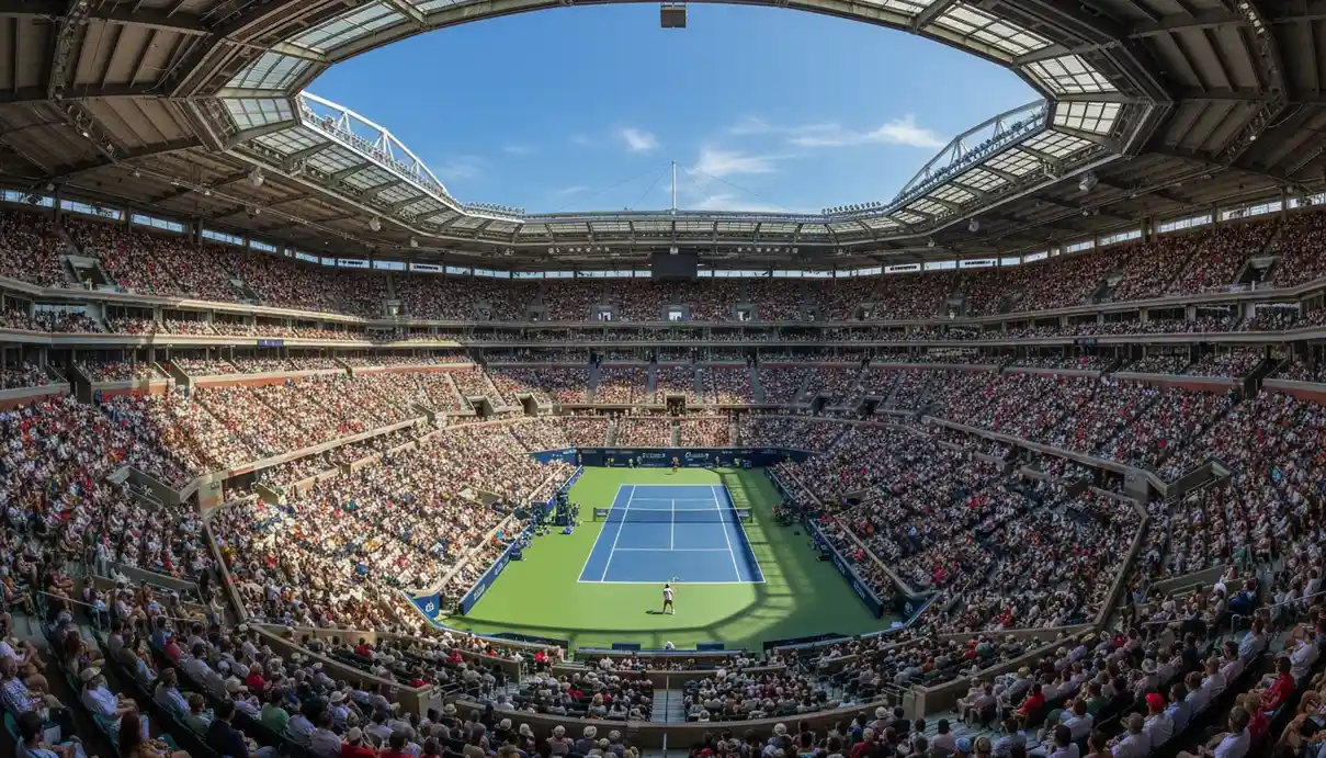 Calendario de torneos de tenis ATP y WTA — vista panorámica de estadio de Grand Slam con grada llena