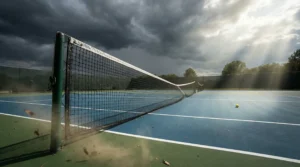 Pista de tenis al aire libre bajo cielo nublado con viento moviendo la red