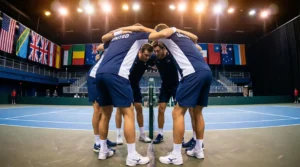 Equipo de tenis celebrando una victoria en Copa Davis con banderas nacionales en la grada