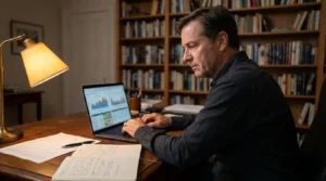 Estrategias de apuestas en tenis: analista revisando estadísticas de un partido