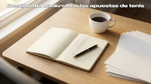 Gestión de bankroll en apuestas de tenis: persona revisando registros de apuestas en un escritorio