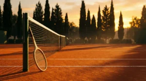 Pista de tenis de tierra batida vacía iluminada por el sol de atardecer