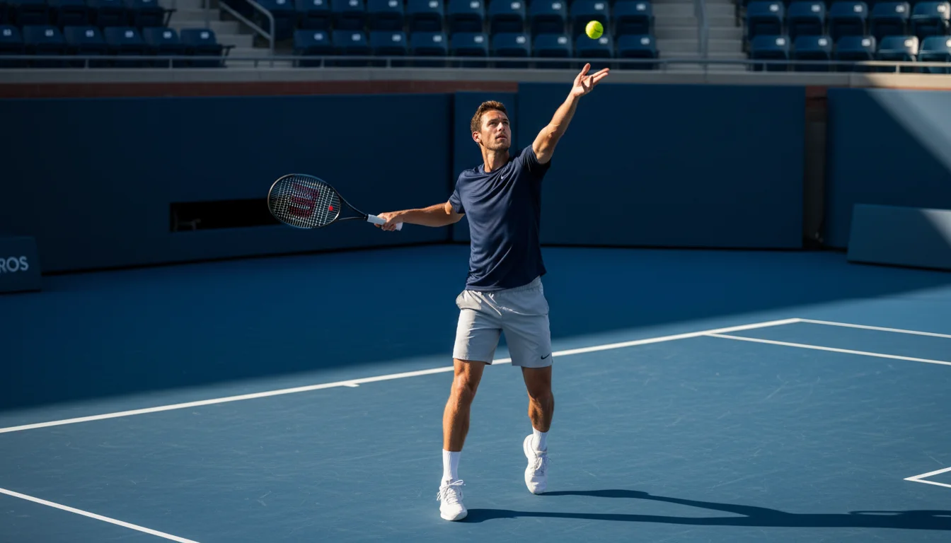Mercados de apuestas de tenis — jugador profesional ejecutando un saque en pista dura