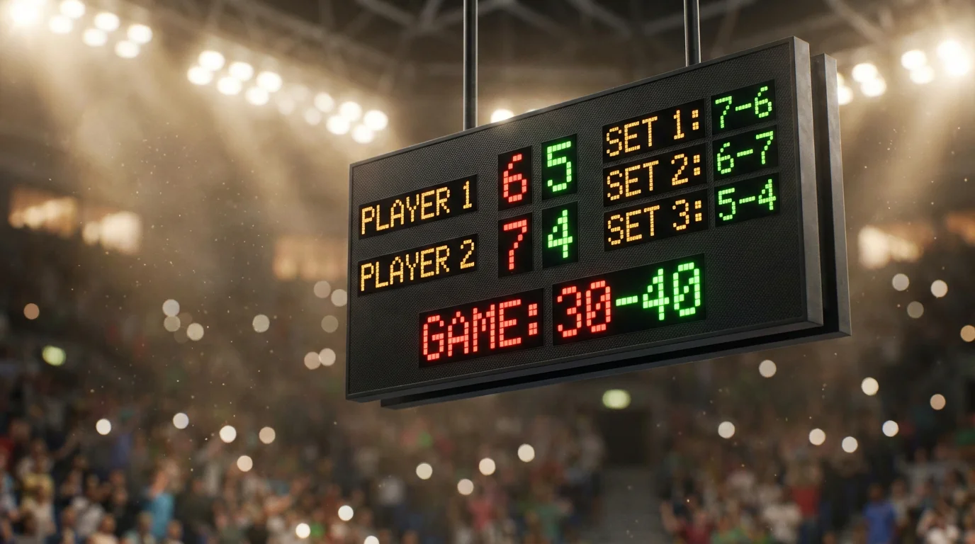 Over/under en tenis: marcador electrónico mostrando el recuento de juegos de un partido