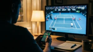 Persona analizando pronósticos de tenis en un portátil con una pista de tenis al fondo