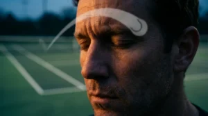 Silueta de un apostador pensativo frente a una pista de tenis con luz dramática