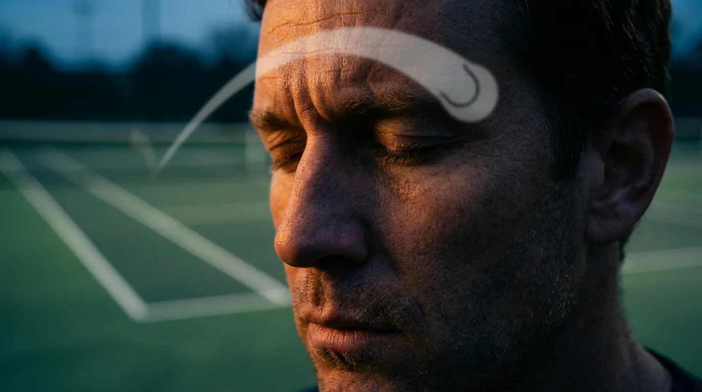 Silueta de un apostador pensativo frente a una pista de tenis con luz dramática