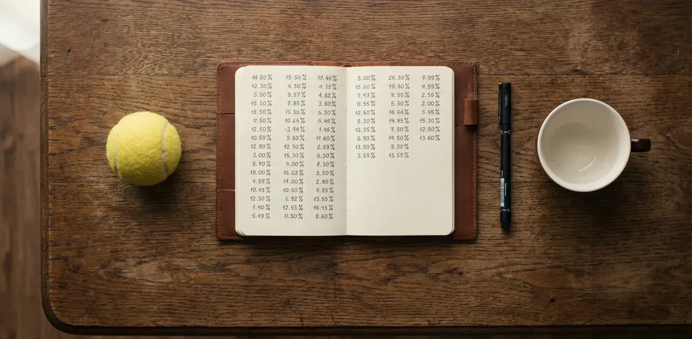 Cuaderno con anotaciones de stakes junto a una raqueta de tenis sobre una mesa