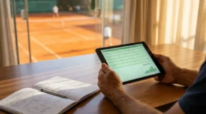 Value betting en tenis: analista revisando estadísticas de partidos en una pantalla junto a una pista de tenis