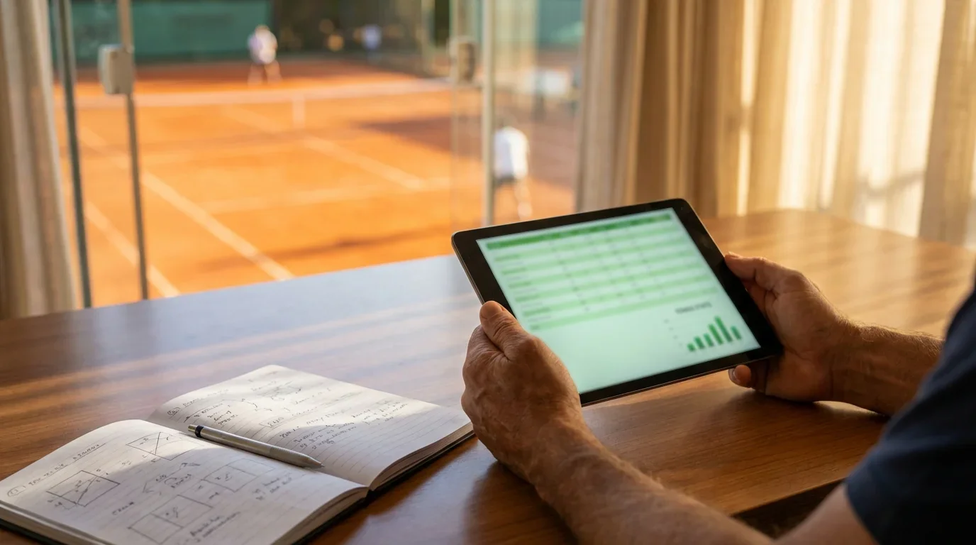 Value betting en tenis: analista revisando estadísticas de partidos en una pantalla junto a una pista de tenis